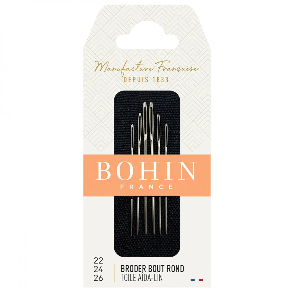 BOHIN Toile Aida-Lin (Broder Bout Rond) Needles - size 22, 24 & 26 - 6pcs